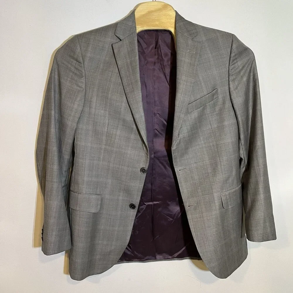 Jack Victor Men's 40L Napoli Gray Plaid Super 130's Wool 2 Button‎ Blazer Jacket
